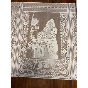 Vintage Crochet Lace Panel With Woman At Spinning Wheel Design 19 1/2" x 29"